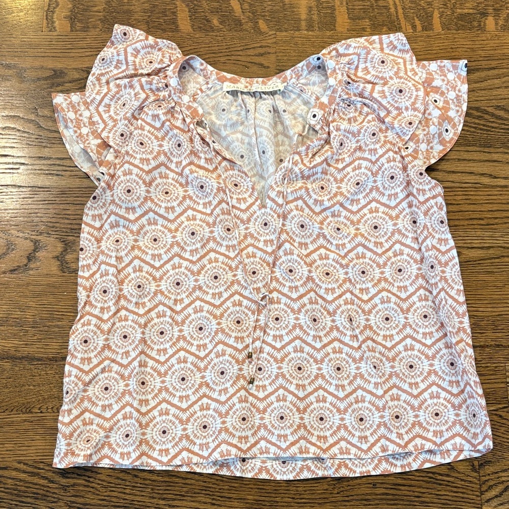 Marie Oliver silk blend Women's Short Sleeve Printed Blouse, vneck w ties, xS